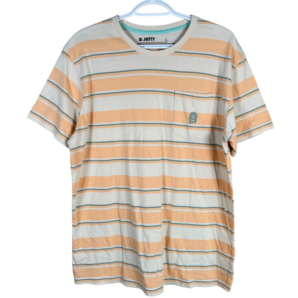 Jetty Pocket T-Shirt Mens L Cream Orange Striped Cotton Short Sleeve read